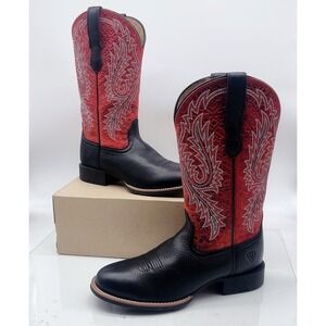 Ariat Round Up Filly Western Boots Red Black Wide Square Toe US 8.5 Cowboy